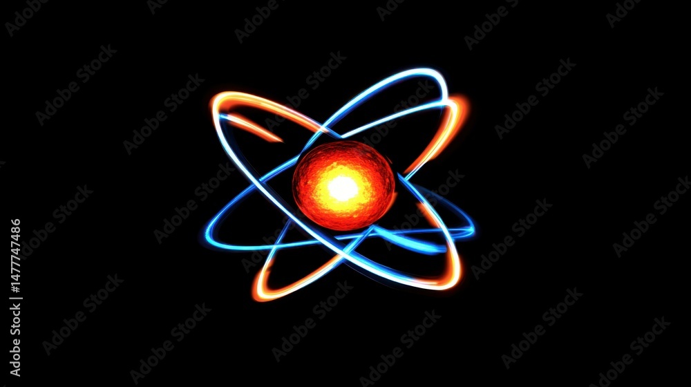 Poster a glowing atom model displaying a bright red nucleus with dynamic blue and orange energy trails wrap