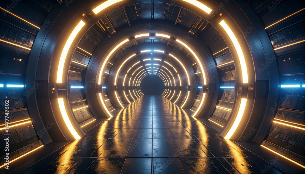 Poster futuristic tunnel illuminated by neon lights, creating a sense of technological advancement and sci-