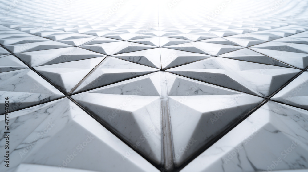 Poster perspective view of white marble triangular tiles creating an abstract geometric pattern