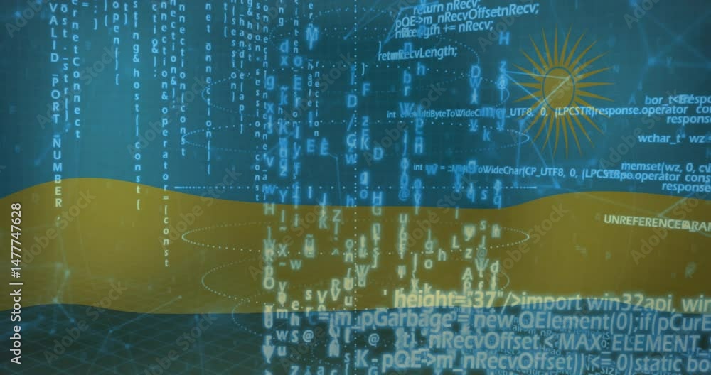 Poster code streams cascading across wavy band in digital grid, showing glowing text snippets and sunburst