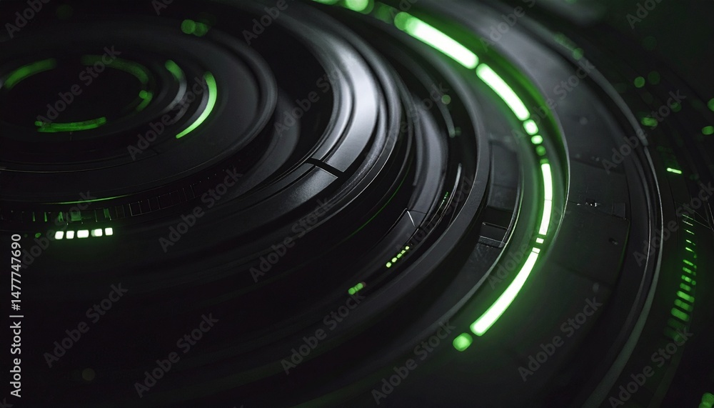 Poster abstract technological background with green neon lights and dark metallic textures. the image featu