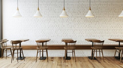 Fototapeta premium Interior design of a modern cafe with wooden tables and chairs.