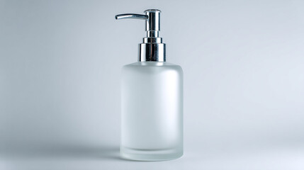 A clear frosted glass bottle with a silver pump dispenser against a light gray studio backdrop