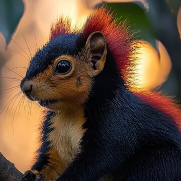 malabar giant squirrel close-up at periyar sunset
