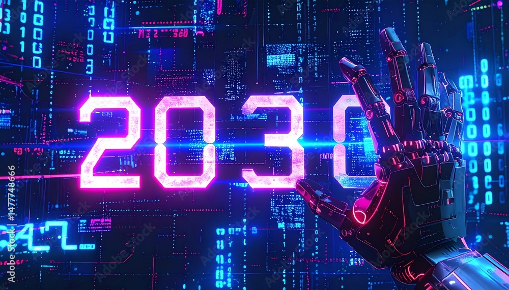 Aufkleber cybernetic hand touches a digital display with the year 2030, an image hinting at technological prog