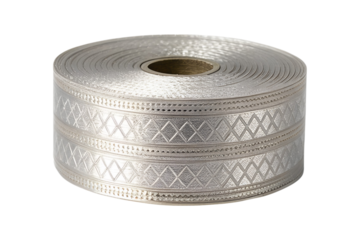 Roll of decorative silver ribbon with patterned design, for crafts and wrapping transparent background