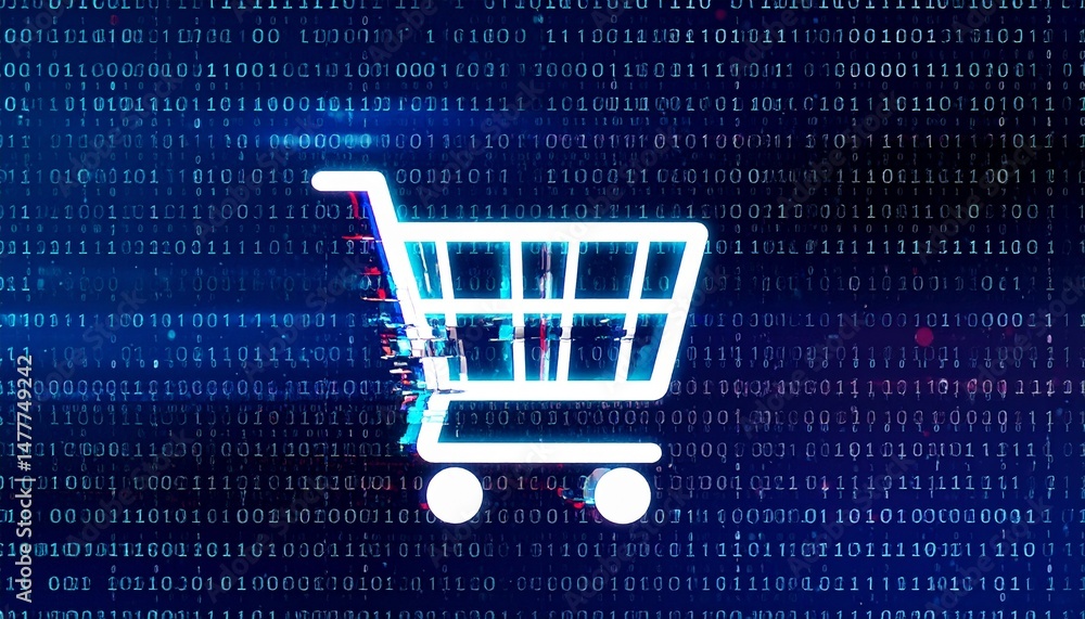 Poster an illustrative digital shopping cart icon against a binary code background. the scene conveys conce