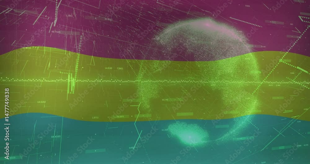 Poster digital data visualization being animated in scene, showing wavy bands, numbers and green sphere