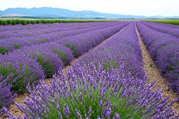 Obraz premium Lavender Fields in Bloom with Scenic Mountain Landscape in Background