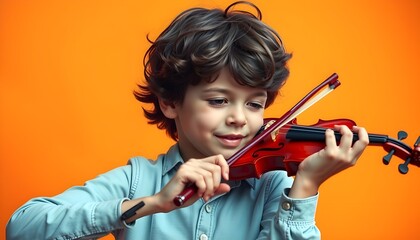 Cute boy violinist plays violin on orange background. Banner with space for text