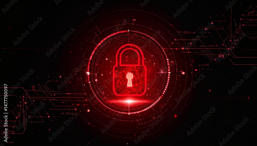 Poster an illuminated padlock icon with a keyhole in red, set against a dark backdrop. it symbolizes data p