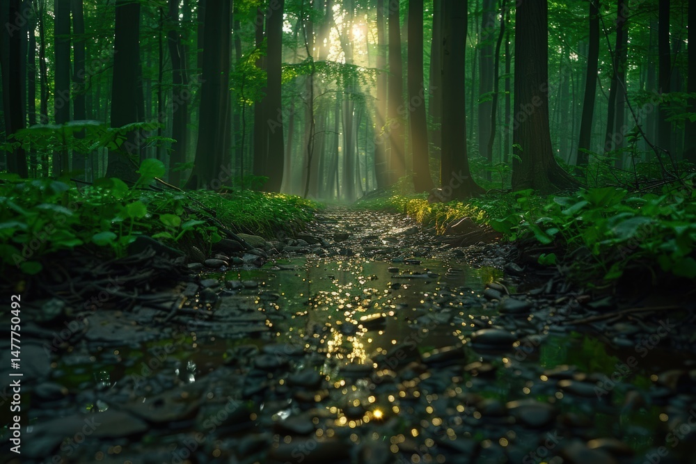 Poster sunlight streams through a lush green forest, illuminating a tranquil path with a gentle stream runn