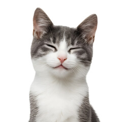 Closeup portrait of a calm and happy domestic cat with a soft fluffy appearance and a serene affectionate expression