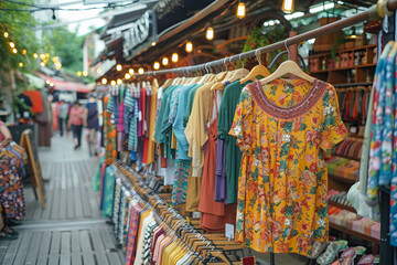 Colorful summer clothes hanging in fashion market boutique