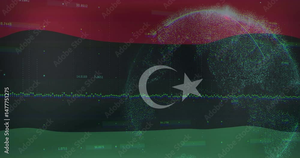 Poster crescent star symbol floating over analytics dashboard layers, showing wave lines and dot clusters