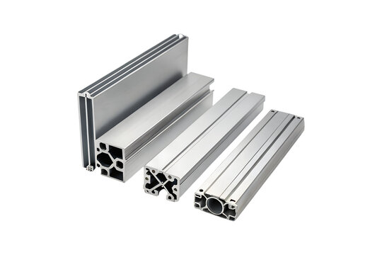 Group of silver aluminum profiles with different cross sections on backdrop transparent background