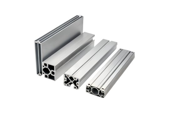 Group of silver aluminum profiles with different cross sections on backdrop transparent background