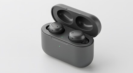 Black wireless earbuds in charging case on white background