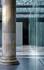 Modern architectural interior featuring pillars and glass elements in a bright urban setting with reflective surfaces