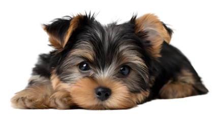 Close up portrait of a young furry Yorkshire Terrier puppy resting peacefully on a solid white background showcasing its soft cuddly appearance and gentle affectionate expression