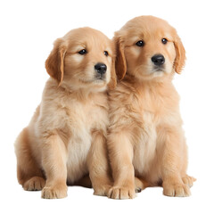 Obraz premium Two young fluffy golden retriever puppies sitting side by side displaying their friendly and playful demeanor in a heartwarming natural setting
