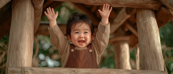 Obraz premium A happy little youngster standing on a playground, smiling and raising their hands
