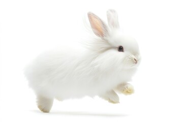 Obraz premium A fluffy white bunny hopping with its soft fur flying against a clean white backdrop