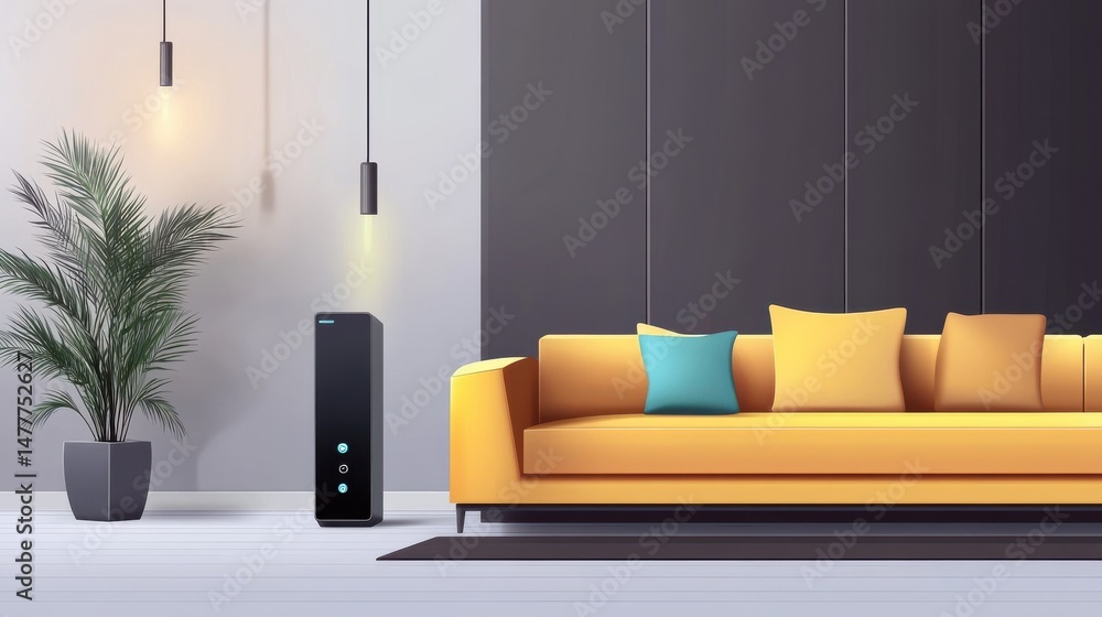 Poster a cutting-edge vector virtual assistant device in a minimalist living room, featuring sleek design a