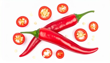 flat lay top view of two red chili peppers with sliced isolated on white background generative ai