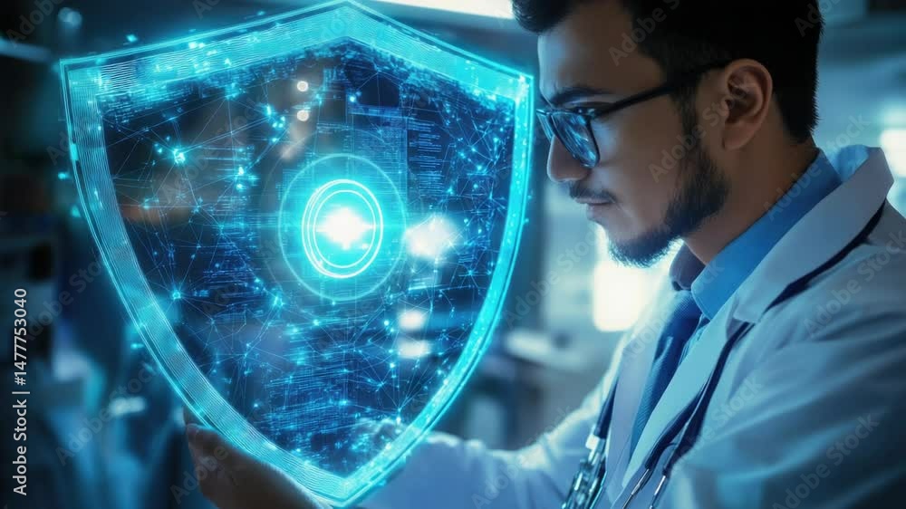 Poster A scientist holds a shield and appears ready for action