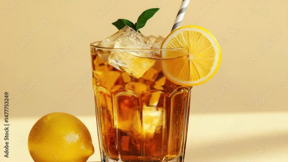 Poster a refreshing glass of iced tea served with a slice of lemon and a straw