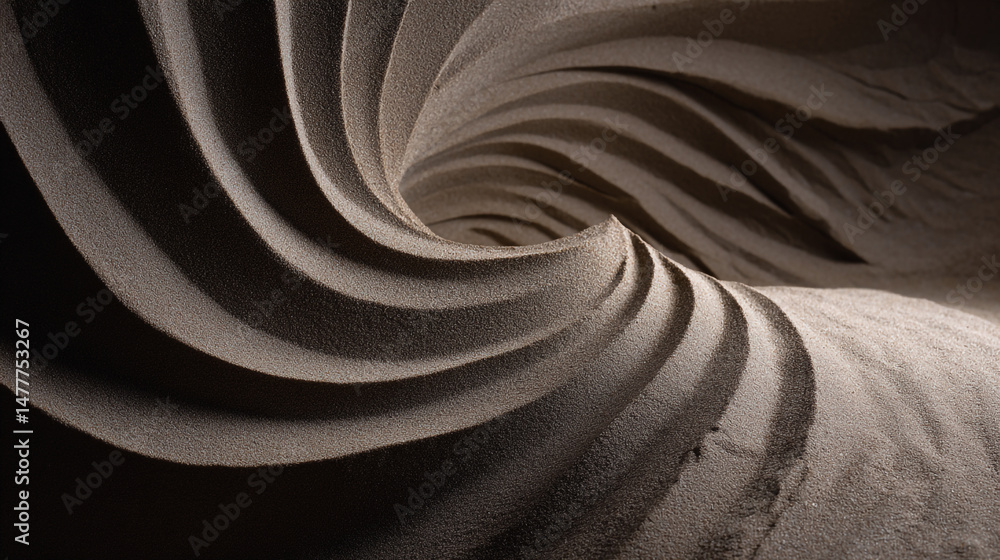 Poster abstract view of a tunnel with swirling patterns in shades of gray and brown creating depth percepti