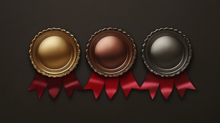 Champion gold, silver and bronze medails with red ribbon banners. Winner award competition, prize medal and banner for text. Vector illustration illustration , no logos, no brands