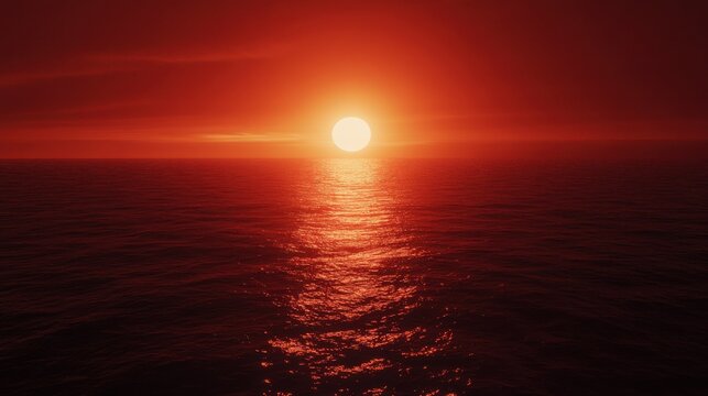 Red sunset over the ocean with a red sky and the sun setting, red, sunset, ocean, sky, sun, evening, dusk, horizon, scenic - Powered by Adobe