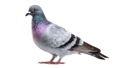 A detailed close up image of a beautiful pigeon with a gray brown and purple plumage perched and looking directly at the