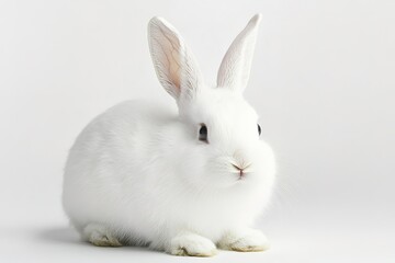 Obraz premium A fluffy white rabbit with long ears, sitting on a clean white background, showcasing its soft fur