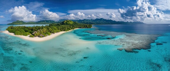 Aerial view of clear blue water and green tropical island with sandy beach, panoramic shot