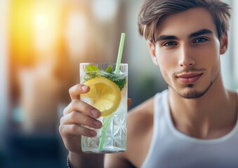 Handsome Young man holding a glass with lemonade and mint.  Blurred bokeh background with copy space