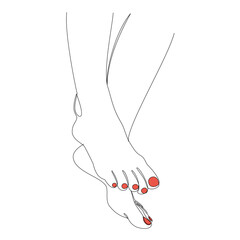 Silhouettes of human legs, feet in modern one line style. Red painted nails. Continuous line drawing, stickers, logo. Vector illustration.