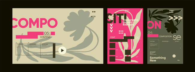 Creative editorial grid posters with bold botanical graphics, playful pink contrast, and modern layout structures for typographic design.
