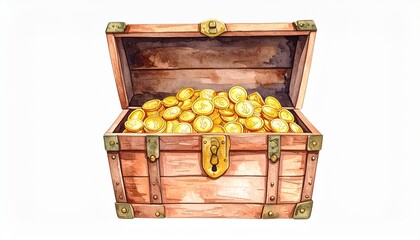 watercolor cartoon illustration of an open treasure chest filled with gold coins white background
