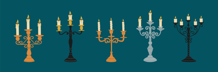 Set of candelabra. Collection of vintage candlesticks with burning candles. Retro candle holders for decor and lighting. Hand drawn vector illustration isolated on blue background, flat cartoon style