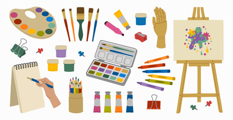 Set of painting tools. Easel, canvas, paints, brushes, sketchbook, mannequin hand, paints palettes, crayons, pencils. Hand drawn vector illustration isolated on white background, flat cartoon style.
