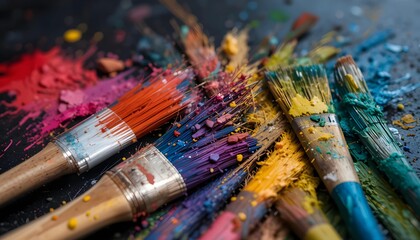 Fototapeta premium Closeup of Colorful Paintbrushes with Paint on a Dark Surface