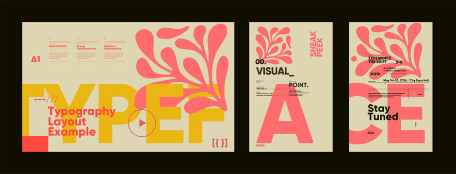 Bold typographic posters with playful pink ornaments and large headline structures arranged on beige backdrops for editorial compositions.