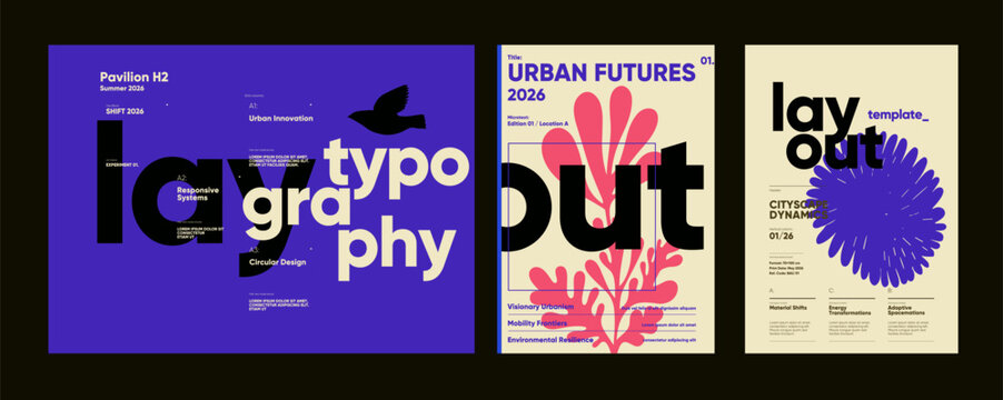 Vibrant poster series with bold black and purple typography, structured grid layouts, and strong contrast on both dark and light backgrounds.