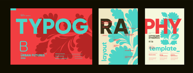 Colorful typographic templates mixing cyan, red, and beige tones, paired with botanical overlays and modular layout grids for urban themes.