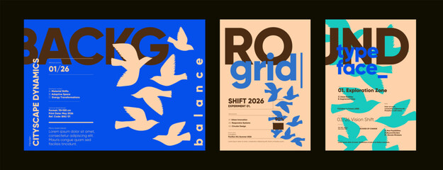 Editorial layouts featuring silhouettes of flying birds with geometric typography and structured text blocks in vibrant blue and brown tones.
