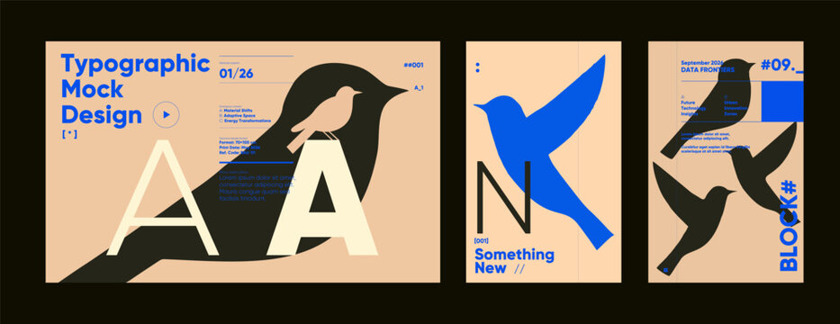 Minimalist typographic posters with bird silhouettes, bold initials, and strong blue and black accents used in modern editorial compositions.
