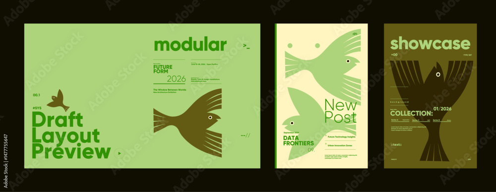 Poster bird-themed editorial posters in soft green palettes using geometric symmetry, bold layout blocks, a